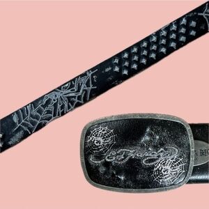 Ed Hardy Black and Silver Studded Belt with Rock-Inspired Spiderweb Design